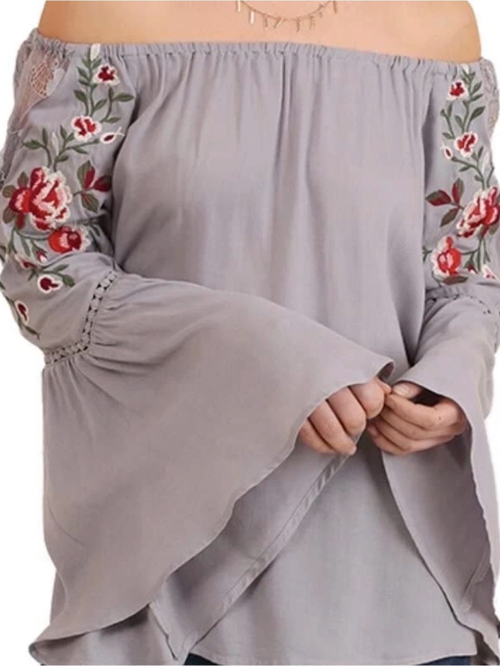 Umgee gray off the Shoulder Top blouse Embroidered Bell Sleeve oversized-S